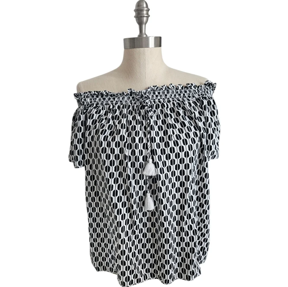 KATE SPADE Black & White Graphic Off-The-Shoulder Blouse | SZ S